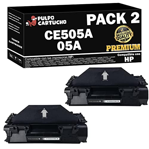 Pulpo Cartucho   Toner CE505A Premium Negro Compatible con HP CE505A Premium/Ref. 05A   Pack 2   Valido para Impresoras Laserjet Series P Series