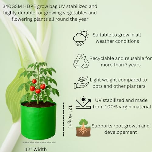 Image of HDPE UV Treated 340 GSM Plant Growing Bags for Terrace Gardening Easy to Use 12 x 12 Inch - Pack of 5