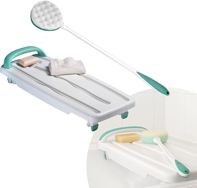 BATHING AID TWO PACK Helping Hand Kingfisher White Plastic Bath Board with Handle 200kg/31 Stone Weight Limit & Long Handled Exfoliating Bath Sponge for Elderly, Disabled, Bathroom Accessory