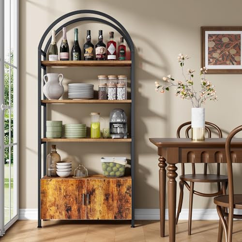 Image of Jehiatek Arched Bookshelf with Storage Cabinet 71 Inch Tall Industrial Bookcase 5 Tier Open Display Shelf with Hidden Storage Rustic Wood and Metal Bookshelf for Living Room Bedroom Home Office