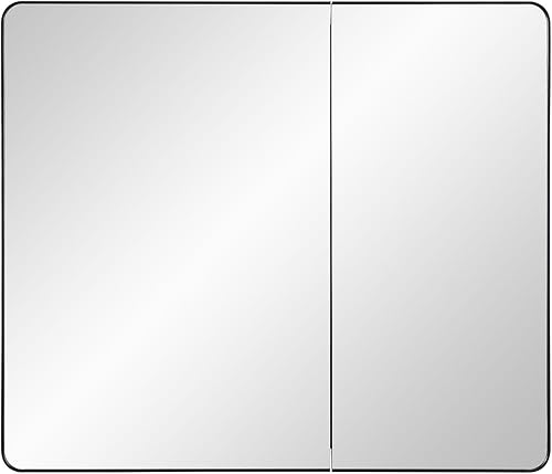 Miniatura 8 de Botiquín de baño negro con puerta redonda enmarcada y espejo de borde biselado de 22 x 20 pulgadas, empotrado o montaje en superficie, con estantes