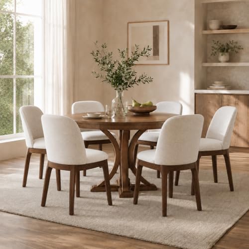 Image of MALOL Wooden Dining Chairs Set of 6, Upholstered Kitchen & Dining Room Chairs with Thickened Wooden Legs, Farmhouse Side Chairs, Beige