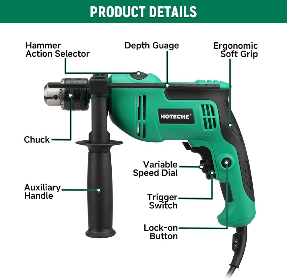Hoteche 550W 13MM Corded Hammer Drill, 0-3000rpm/0-48000bpm, Copper Motor, Multi-Material Drilling for Concrete/Metal/Wood with Accessories