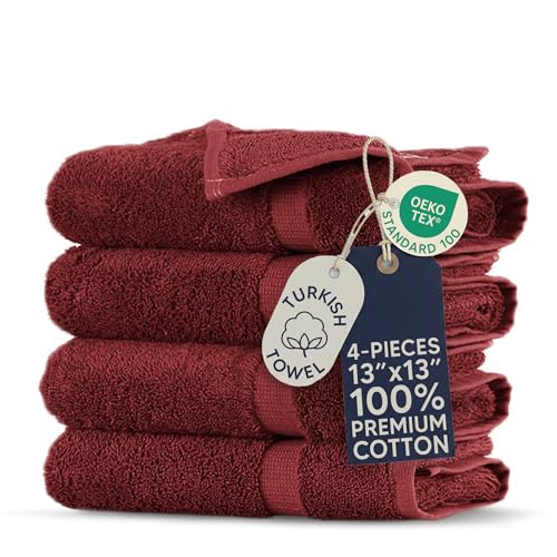 Towel Bazaar 4-Piece Washcloth, 100% Premium Cotton Turkish Towels, 13x13 Luxury Towel Super Soft and Absorbent, Perfect Use for Bathroom, Shower Towels - Cranberry