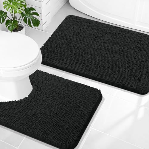 Image of OLANLY Bathroom Rugs Sets 2 Piece, Soft Absorbent Chenille Bath Mats and U-Shaped Contour Toilet Mat Area Rug Set, Machine Washable Bath Carpet, Home Decor Accessories(30 inchx20 inch+24 inchx20 inch, Black)