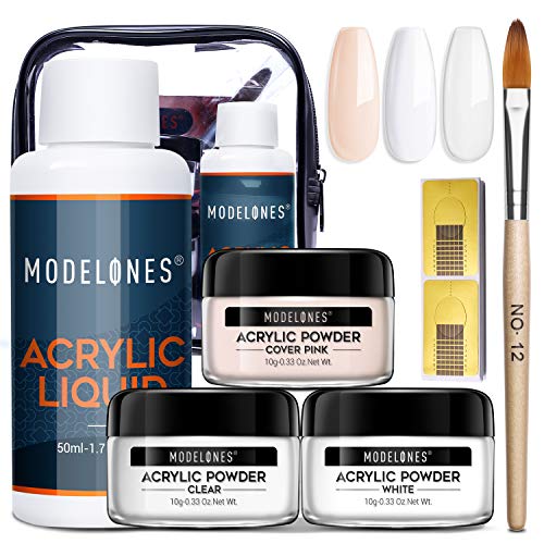 Acrylic Powder and Liquid Set Modelones Acrylic Nail Starter Kit with Professional Acrylic Nail Brush & Liquid Monomer No Need Nail Lamp, Long-Wear, MMA Free Liquid