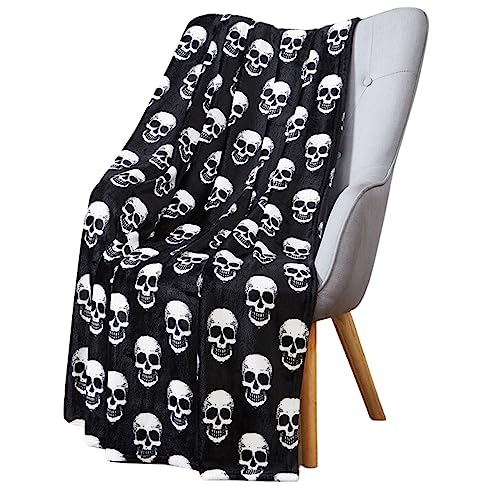 Halloween Fleece Throw Blanket: White Skulls on Black Velvety Soft Extra Large 70 x 50 for Sofa Bed Couch Chair Dorm
