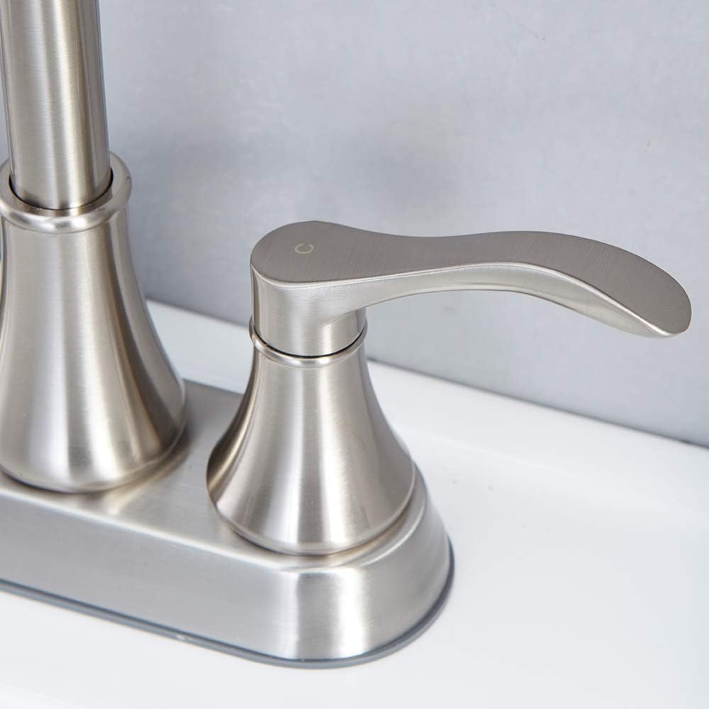 Brushed Nickel Bathroom Sink Faucets, 360° Swivel High-Arc Spout 2-Handle 4 Inch Centerset Lavatory Vanity Faucets Set for Bathroom Sink with Drain & Water Hoses, 2 Pack, VLSZST050L-2