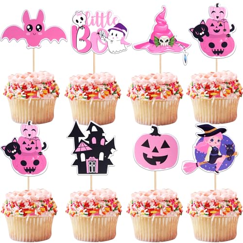 28 PCS Halloween Cupcake Toppers with Witch Hat Bat Castle Ghost Pumpkin Cupcake Picks Little Boo Cake Decorations for Halloween Theme Birthday Party Supplies