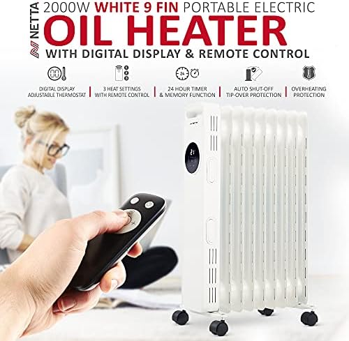 NETTA Oil Filled Radiator Heater 2000W with 24 Hour Timer, 3 Heat Settings, Remote Control, LED Digital Display, Overheating and Tip-Over Protection  9 Fin, White