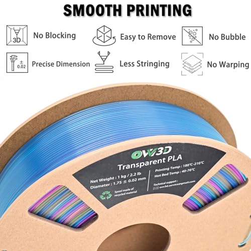Image of OVV3D Transparent Rainbow PLA Filament 1.75mm, Multicolor Blue Purple Yellow Translucent 3D Printer Filament, Clear PLA Gradient Color Change, Spool 1KG, + /- 0.02 mm, Fit Most FDM 3D Printers