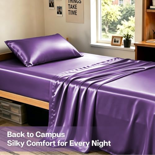 Image of MR&HM Satin Bed Sheets, Twin XL Size Sheets Set, 3 Pcs Silky Bedding Set with 15 Inches Deep Pocket for Mattress(Twin XL, Lavender)