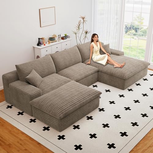 Image of 107 inch Cloud Couch Modular Sectional Sofa for Living Room, U-Shape Boneless Couch with Deep Seat, Modern Corduroy 3-Seater with Ottoman, No Assembly Required (Camel,Right-Facing Chaise)