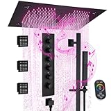 MONDAWE 28 Inch Flush-Mounted Thermostatic Shower System in Matte Black, 64 Colors LED and Bluetooth Control Music Rainfall Shower Head, Handheld Spray and Body Jets, High Pressure Shower Faucet Set