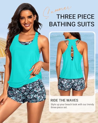 Image of Tempt Me 3 Piece Tankini Swimsuits for Women Athletic Bathing Suits Swim Tank Top with Boy Shorts and Bra Modest Swimwear