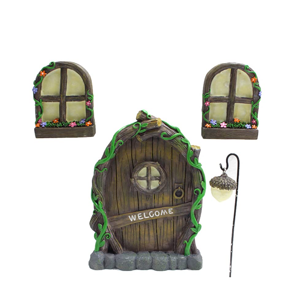 Set Porta E Finestre In Miniatura Per Giardino Fatato - Con Lampione, In Legno E Resina, Per Decorazioni