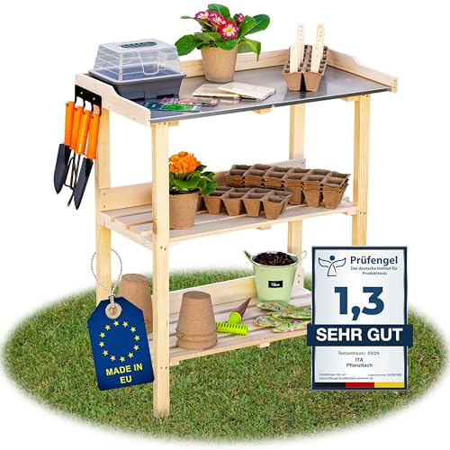 ITA Pflanztisch Premium - Pflanzentisch mit verzinkter Arbeitsplatte - Gärtnertisch aus Holz - Wetterfest - Made in EU - Direkt vom Hersteller - FSC Zertifiziert - Outdoor & Indoor - 76x38x89 cm Natur