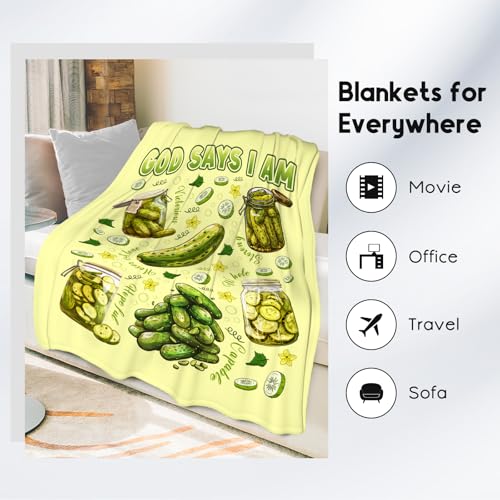 Pickle Blanket, Cozy Soft Throw Gifts for Boys Girls, 40x50 Inch Cute Flannel Blanket for Pickle Lovers, God Says I Am Throw Blankets for Couch Sofa