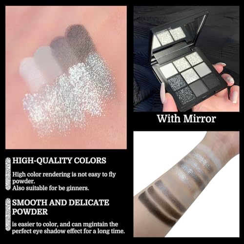9 Farbe Smokey Lidschatten Palette, Hochpigmentiert Lidschatten Schwarz Dunkel Grau Weiß Eyeshadow Palette Mit Spiegel, Matt Shimmer Weicher Glatter Puder Liedschatenpalete Zu Halloween (02 Smokey) – Bild 6
