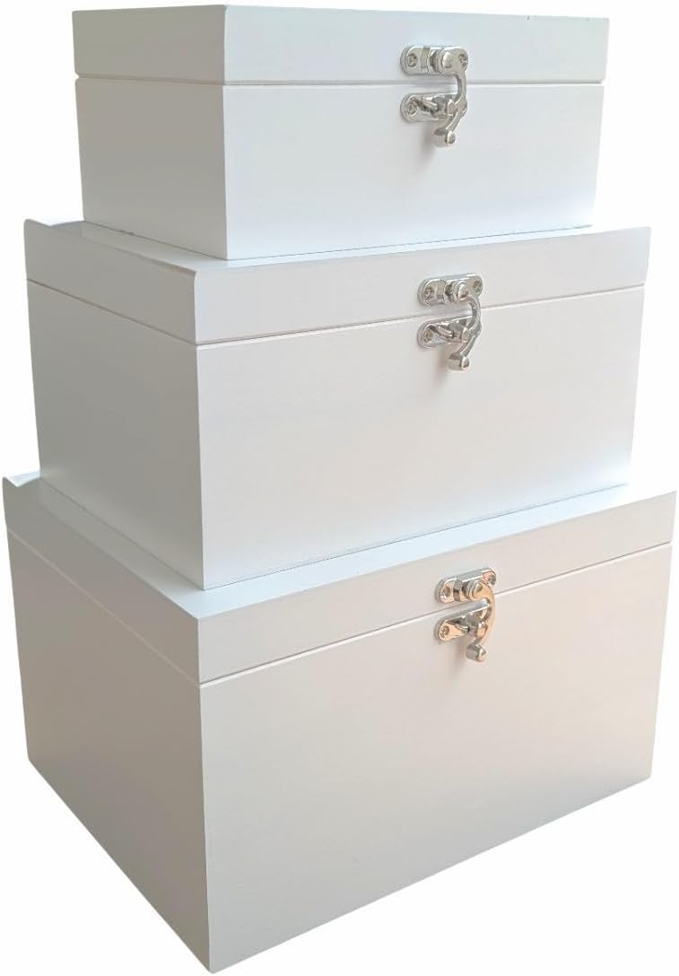 Set of 3 White Nesting Wooden Boxes for Storage | Solid Pine Wood with Hinges & Clasps | Factory Seconds, Perfect for Arts & Crafts
