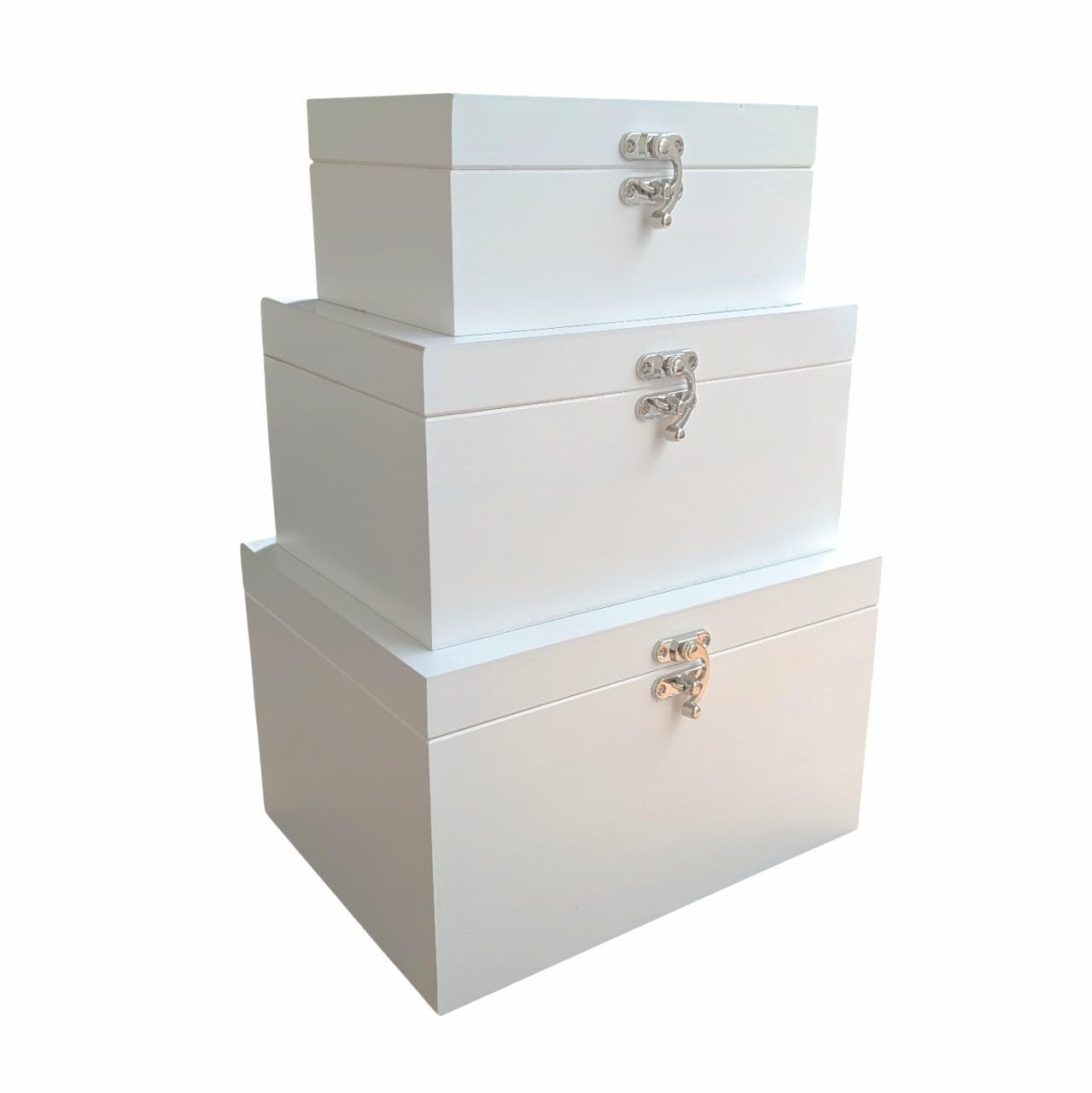 The Lovely Keepsake Company Set of 3 White Nesting Wooden Boxes for Storage | Solid Pine Wood with Hinges & Clasps | Factory Seconds, Perfect for Arts & Crafts