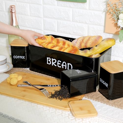 BEJOY 3-Piece Bread Bin and Canister Sets, Large Bread Box with Bamboo Lid, 3Pcs Bread Bins for Kitchen Tea Coffee Sugar Breadbin Sets, Black BEJOY 3-Piece Bread Bin and Canister Sets, Large Bread Box with Bamboo Lid, 3Pcs Bread Bins for Kitchen Tea Coffee Sugar Breadbin Sets, Black