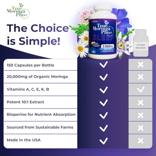 True Moringa Plus+ Sleep Support Supplement 10:1 Extract | 20,000mg of Organic Moringa, Chamomile, Passion Flower, Valerian Root, Hibiscus for Relaxation | Natural Sleep Aid for Adults (150 Capsules)