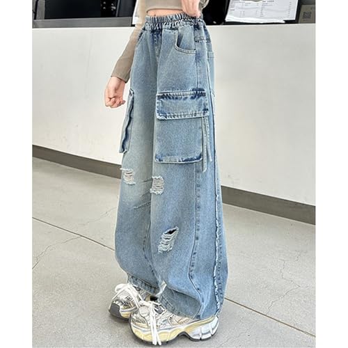 Baggy Jeans for Girls Pockets Ripped Cargo Adjustable Waist Wide Leg Pants Streetwear Cute Jeans for Girls Washed Raw Hem3