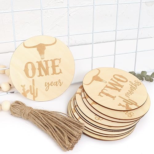 Image of Wooden Western Baby Monthly Milestone Cards - Cow Monthly Milestone Marker Set, Newborn Photography Props, Gifts for Birth Announcement and Baby Shower