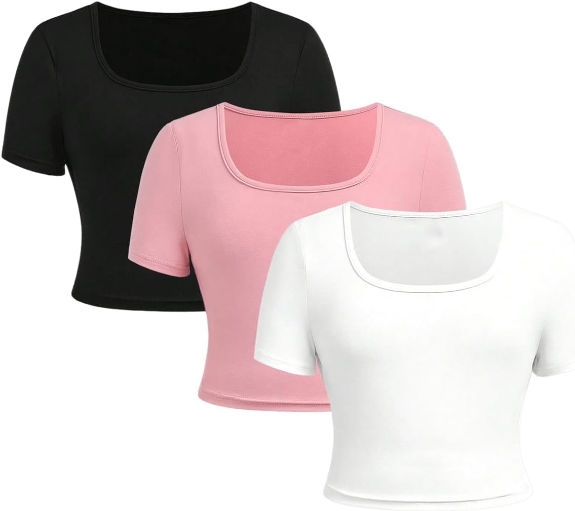 SOLY HUX Girl's Crop Tops Cute Clothes 3 Pack Square Neck Short Sleeve T Shirts Basic Slim Fitted Tees