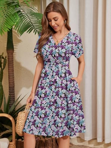 Image of Heymoments Womens Summer Short Sleeve Casual Dresses V-Neck Beach Dress with Pockets S-2XL