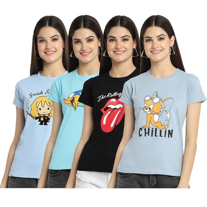 Image of Preneum 100% Pure Cotton Oversized Regular Fit Half Sleeve Round Neck Cool Front Trendy Printed T-Shirt for Women /Girls (Pack of 3)