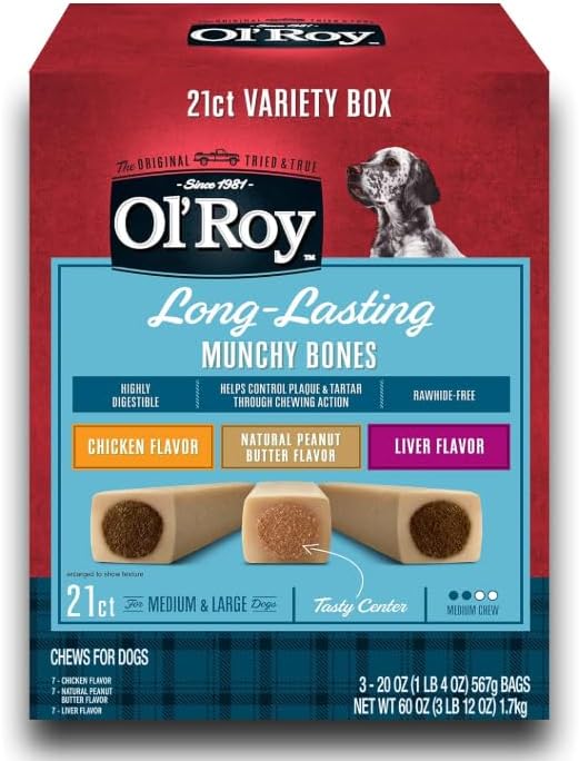 O- Roy Munchy Bones Dog Treats Variety Box, Chicken, Peanut Butter, Liver, 21 ct