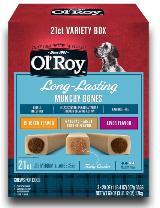 O- Roy Munchy Bones Dog Treats Variety Box Chicken Peanut Butter Liver 21 ct