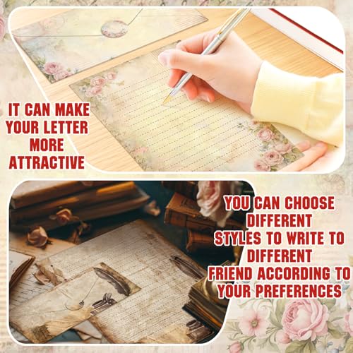Image of TaoBary 160 Pcs Vintage Stationary Letter and Envelopes Set Retro Stationary Set 50 Double Sided Lined Stationery Paper with 50 Matching Envelopes and 60 Round Dot Sticker for School Students Writing