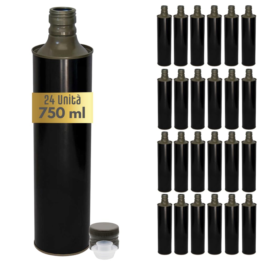 acquaverde | 24 Bottiglie in Latta 750 ml per Olio di Oliva, Contenitore Alimentare, NUOVO Design Elegante, Incluso Tappo Prefilettato in Metallo con Salvagoccia