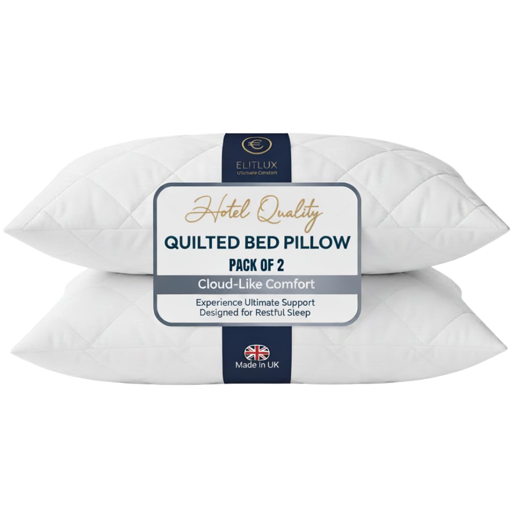 Elitlux White Hotel Quality Quilted Pillows 2 Pack – Soft & Supportive Down Alternative Filling – Comfortable Firm Pillows For Side, Back & Stomach Sleepers – Machine Washable (White)