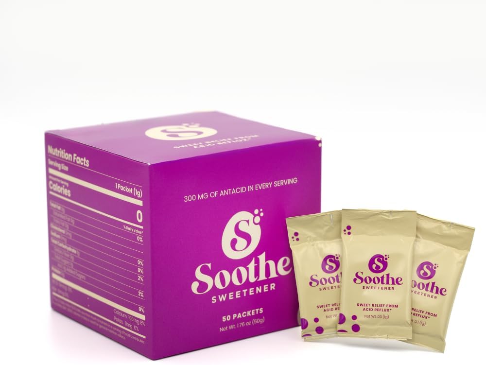 Sweet Relief Soothe Natural Antacids for Acid Reflux - Calcium Carbonate Heartburn Relief, Zero Calorie Sweetener, Beverage Enhancer (50 Count)