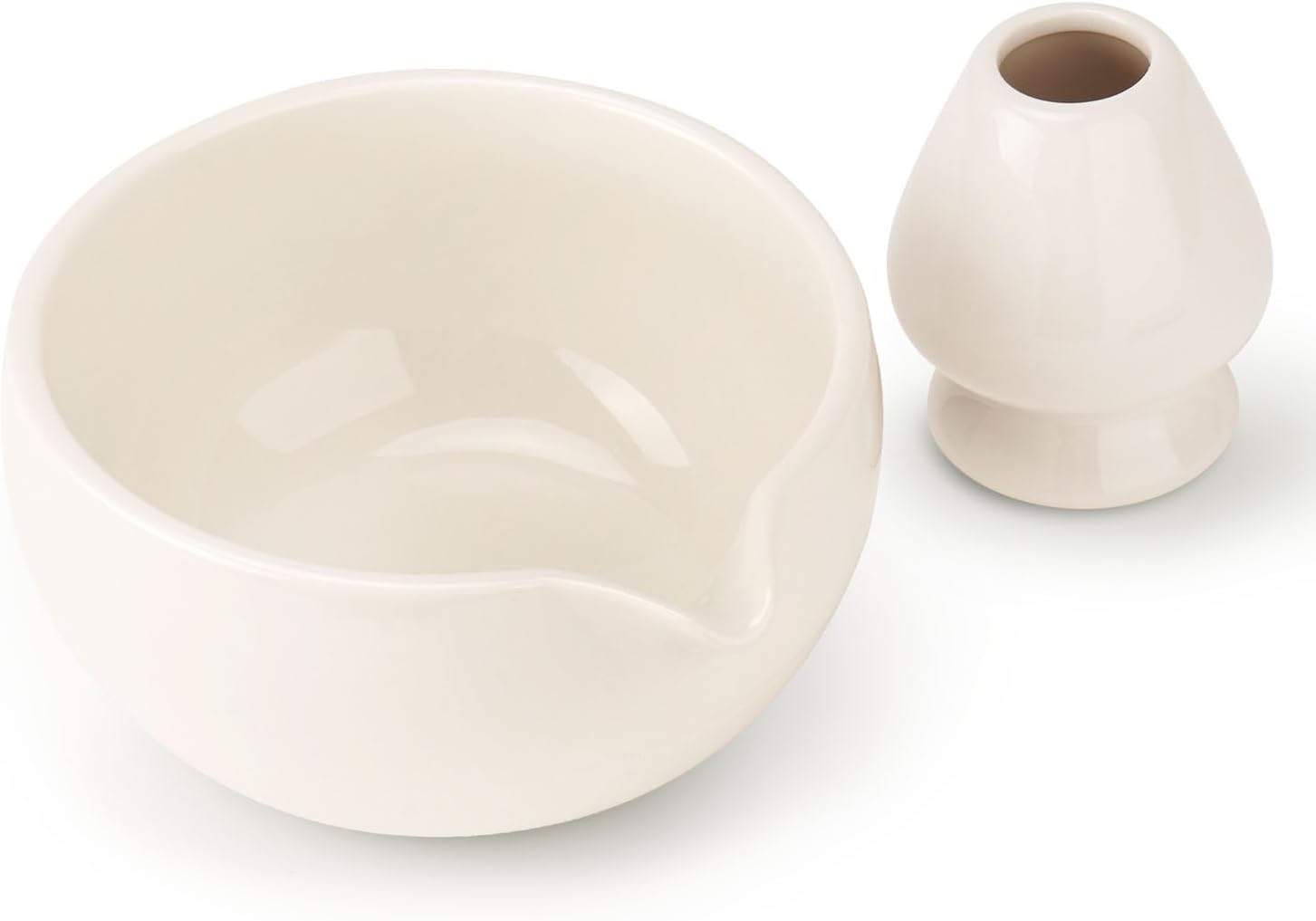 Joiish Matcha Bowl and Whisk Holder Set, Ceramic Tea Bowl and Whisk Stand, Matcha Tea Mixing Bowl with Spout (18 Ounce), Whisk Rest, Ivory White