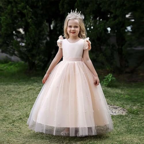 Princess Pageant Dress Pearls Satin Tulle Flower Girl Dress V-Back Kids Birthday Party Ball Gowns2