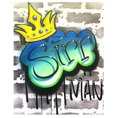 Airbrush Graffiti Hip Hop Old Skool 80's Crown, Blue & Green Name T Shirt
