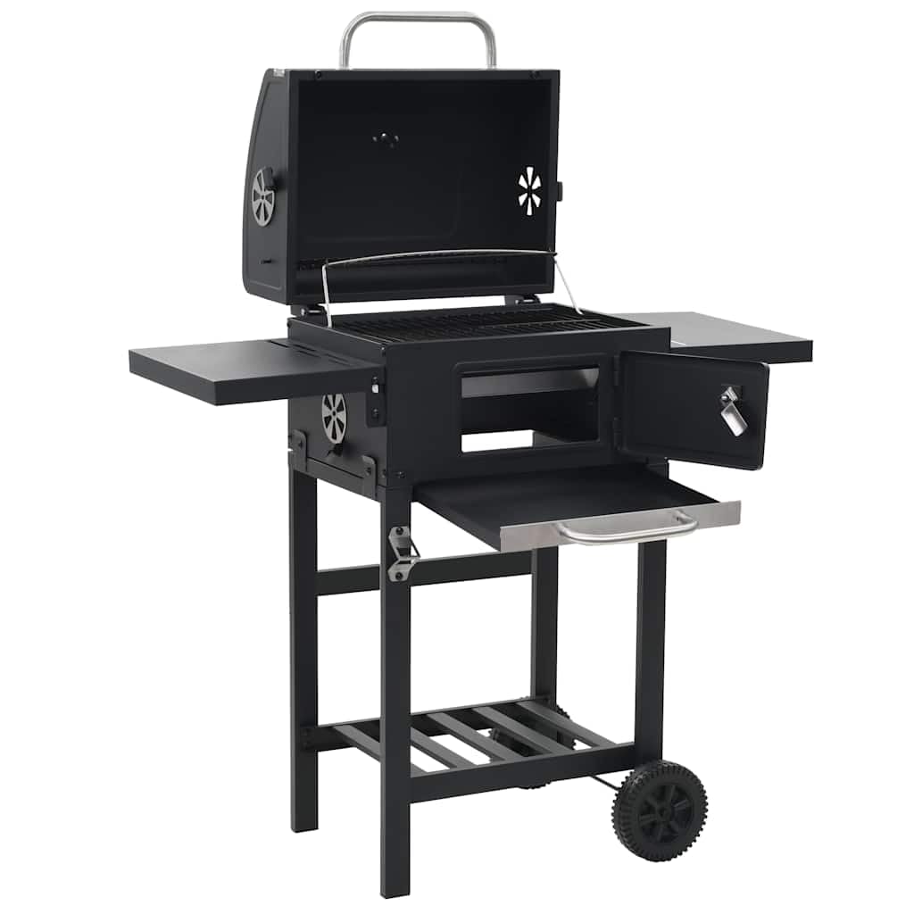 Forno per pizza per esterni 3 in 1, nero, con termostato, funzione affumicatura, piastra rimovibile, tavoli pieghevoli, ruote, per balcone, terrazza, campeggio