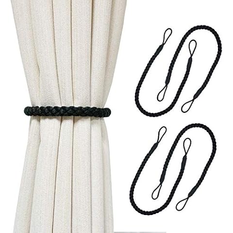 HIASTRA Curtain Tiebacks Ropes, 4pcs Decorative Handmade Tie Backs Curtain Holdbacks Holders Cord for Window Sheer Drapes Indoor Outdoor, Black Cover