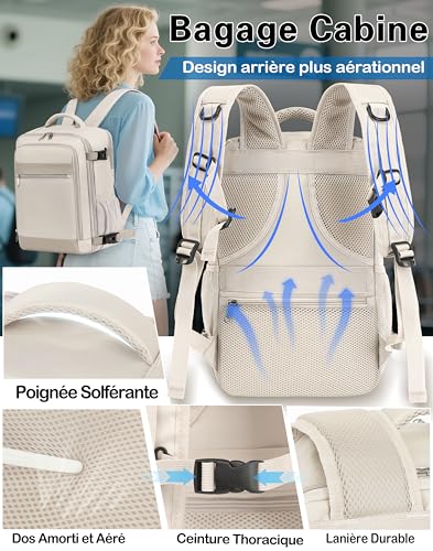 KLOSTAIN Sac à Dos Voyage Cabine Avion 45x36x20 pour Easyjet 30L Bagage Cabine Grande sous Siège Bagage à Main Homme Femme Sac à Dos pour Ordinateur Portable 15.6 Pouces Couleur Beige – Image 5