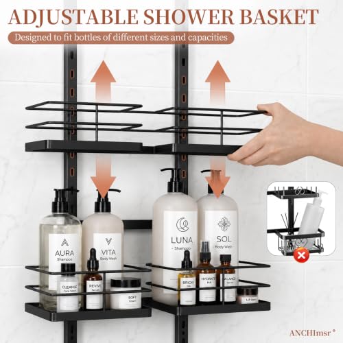 4-Tier-Adjustable-Hanging-Shower-Caddy-for-Handheld-Showerhead-Black-Rustproof-Shower-Rack-Baskets-Anti-Swing-Hanging-Shower-Organizer-for-Bathroom-Storage-with-2-S-Hooks-Large-Capacity