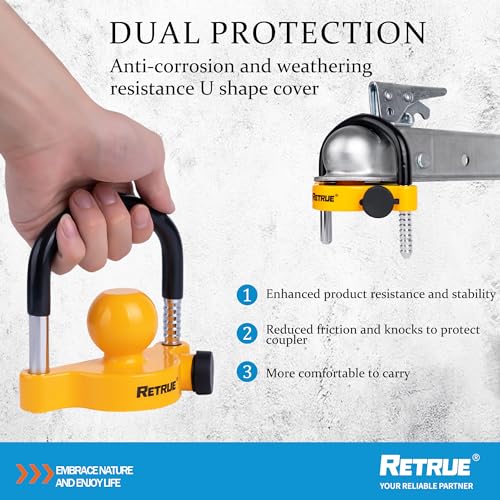 Image of RETRUE Universal Trailer Ball Lock Hitch Coupler Locks Fits 1-7 /8 Inch, 2 Inch, 2-5 /16 Inch Couplers Adjustable Security with Weatherproof Cover and Cap, Yellow