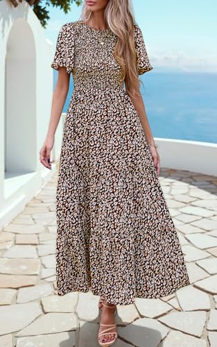 Image of PRETTYGARDEN Women's 2026 Summer Casual Flutter Short Sleeve Boho Floral Maxi Dress Crew Neck Smocked Tiered Long Dresses