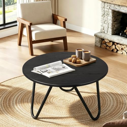 Image of Round Coffee Table Black Wooden Coffee Tables for Living Room Mid-Century Modern Center Table Wood Grain Desktop and Metal Legs Easy to Assemble