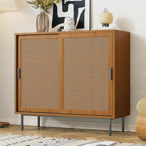 Lumivortex Sideboard Rattan mit 2 Schiebetüren, Sideboard Holz mit 3...