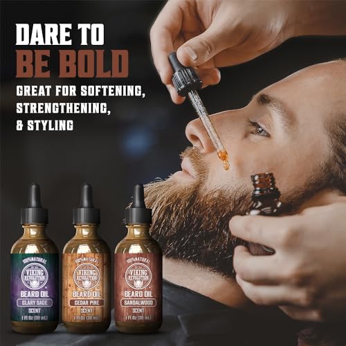 Viking Revolution - Beard Oil - All Natural Variety Beard Oil For Men With Argan & Jojoba Oils - Sandalwood, Cedar Pine, Clary Sage - Softens, Smooths & Strengthens - Gifts For Men - 3 Pack, 3 x 30 ml - Image 3